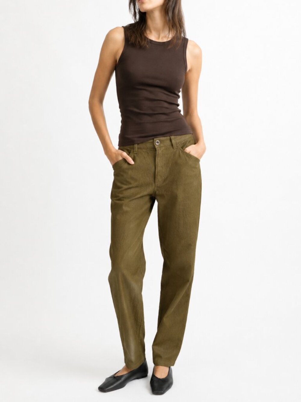 COS OLIVE GREEN VERY HIGH RISE ARMY MILITARY BAGGY MOM COATED TAPERED PANTS - 6